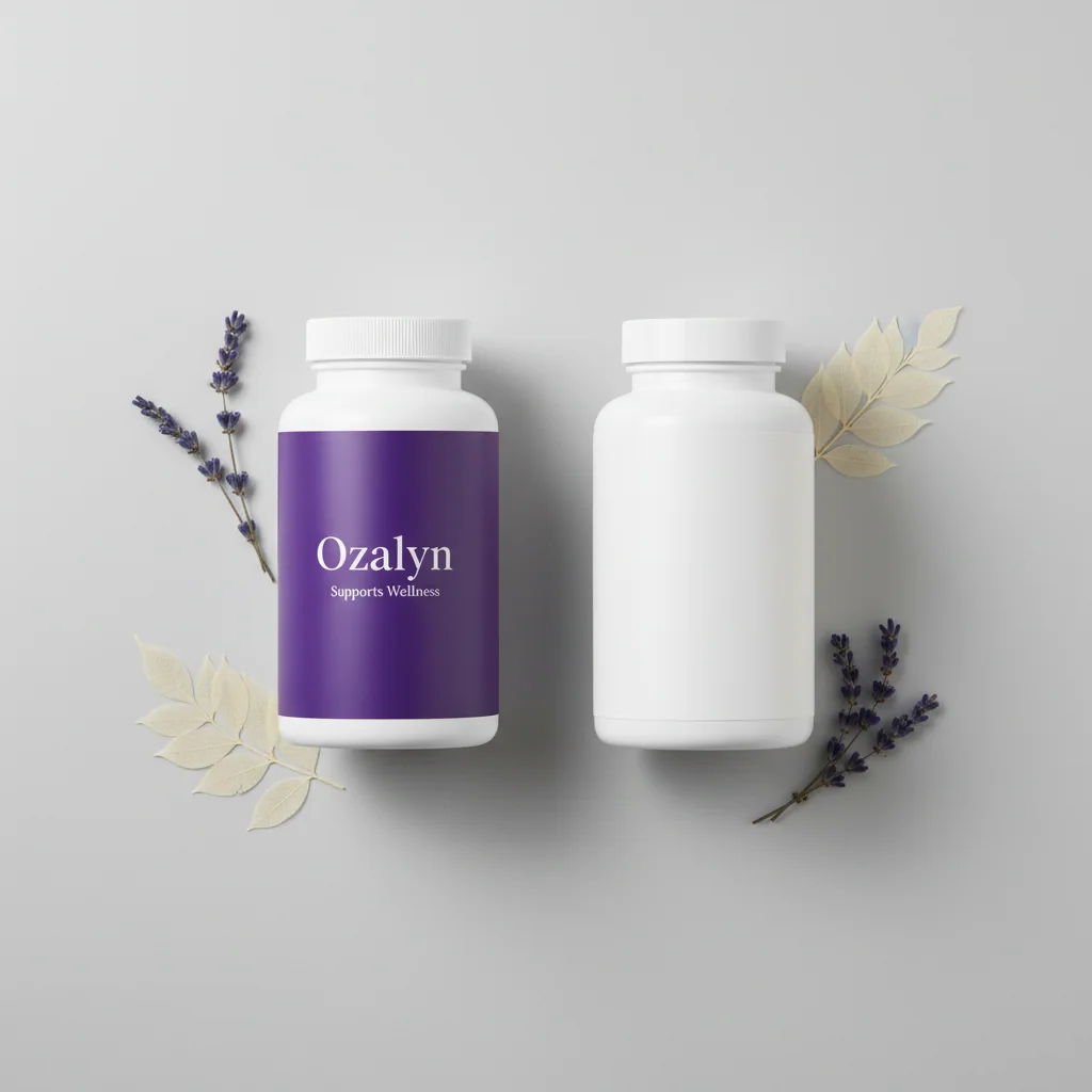 Twee supplementflesjes naast elkaar: Ozalyn in paars en een generiek wit flesje, productoverzicht