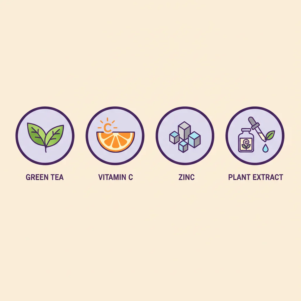 Visueel overzicht van de vier kernnutriënten in Ozalyn: groene thee, vitamine C, zink en plantenextract