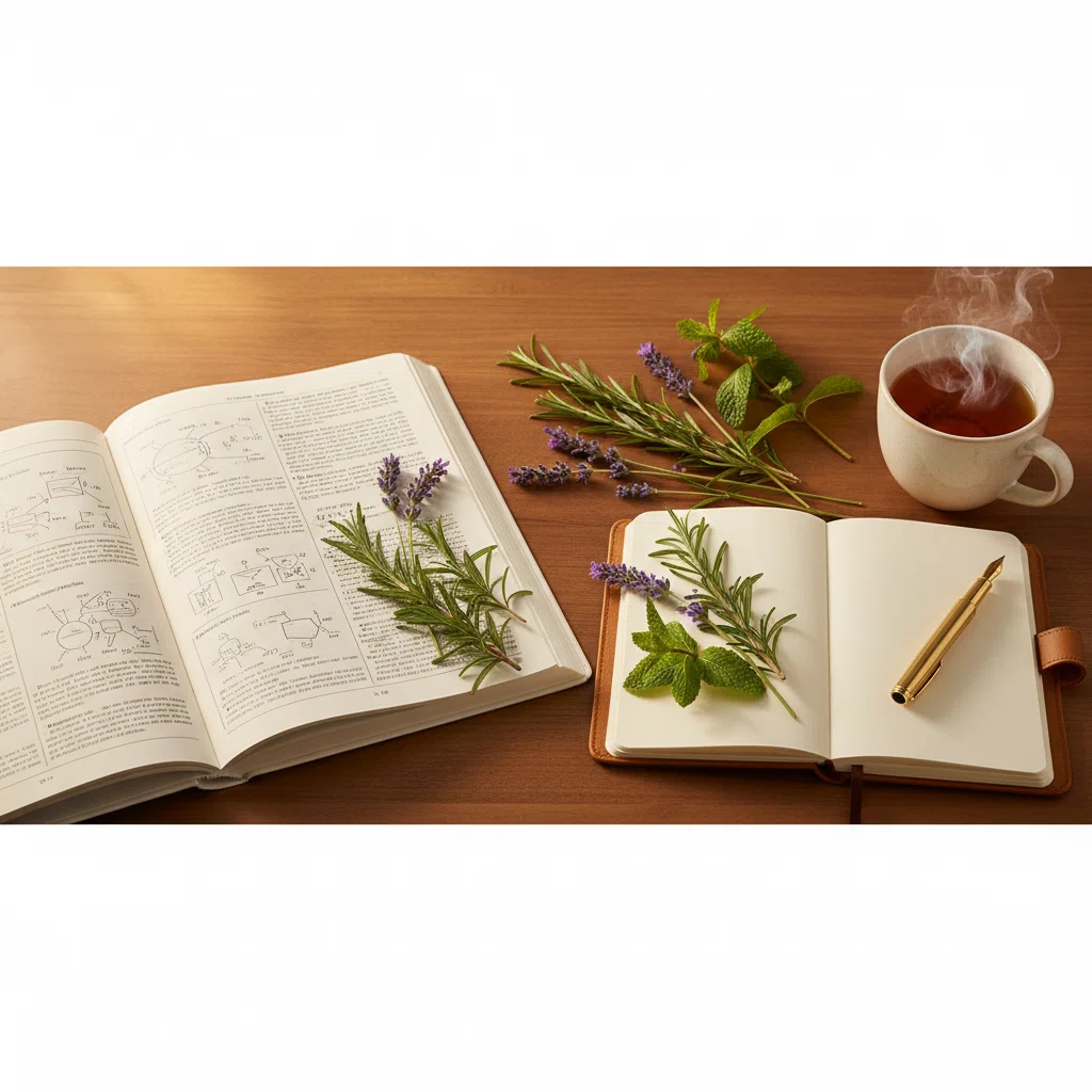 Open wetenschappelijk tijdschrift met botanische kruiden op een houten bureau, redactioneel stillleven