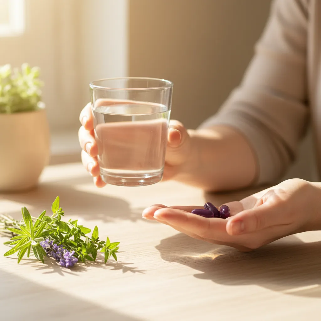 Handen met een glas water en twee paarse capsules op een houten tafel, ochtendlicht - dagelijkse routine